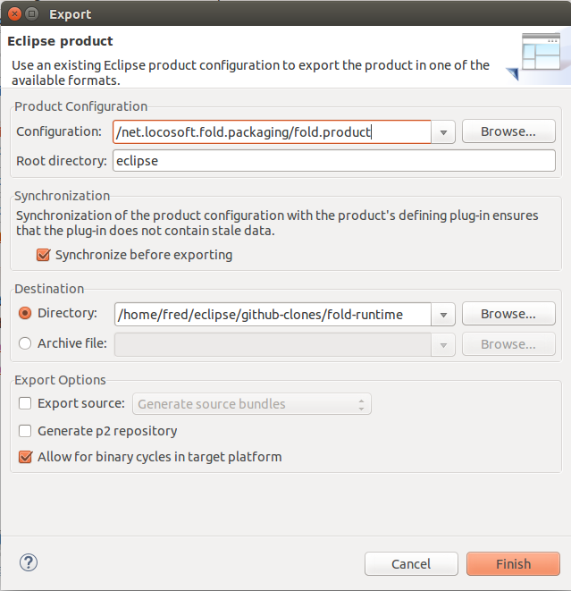 Eclipse product export dialog