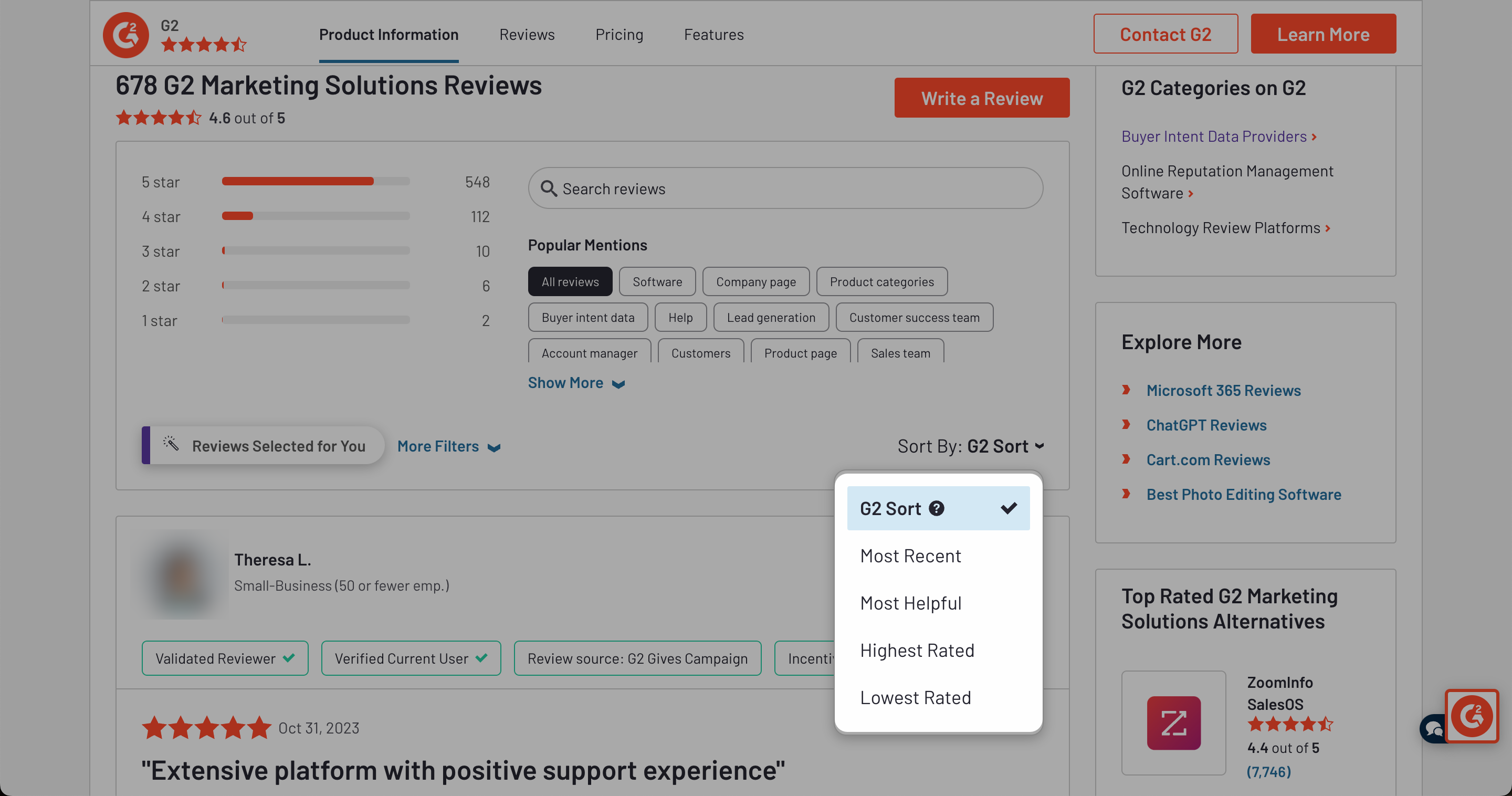 Profile page review sort example
