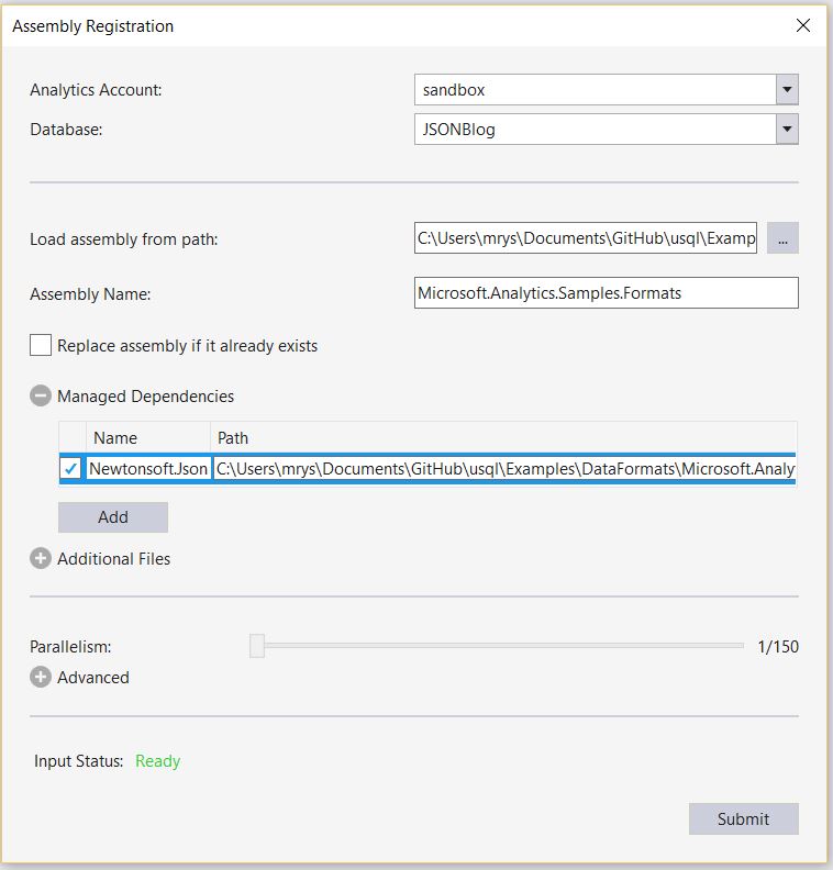 Register the Microsoft.Analytics.Samples.Formats assembly