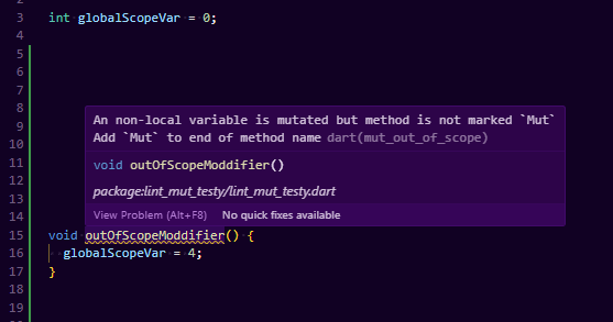 Code demonstrating the Mut Out of Scope lint, where a method is modifying a variable not declared in the lexical scope