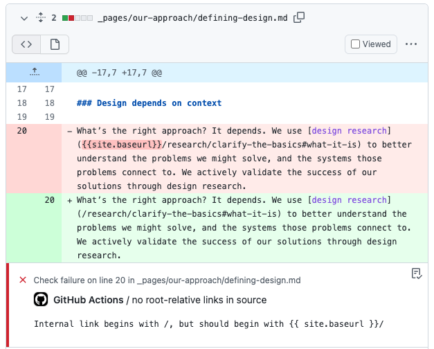 A screenshot of a GitHub file diff view. It shows a "before" view in light red and an "after" view in light green. Below the code is a callout box with a white background and a red left border. Inside the box is text that reads, "Check failure on line 20 in _pages/our-approach/defining-design.md. Internal link begins with /, but should begin with {{ site.baseurl }}/