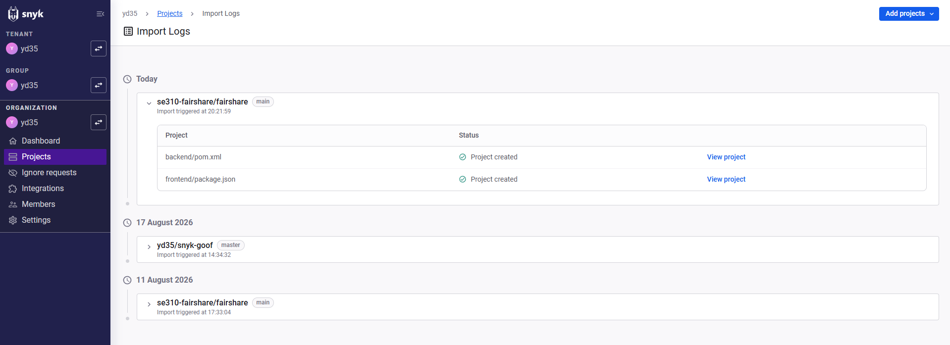 Snyk GitHub Cloud App import log