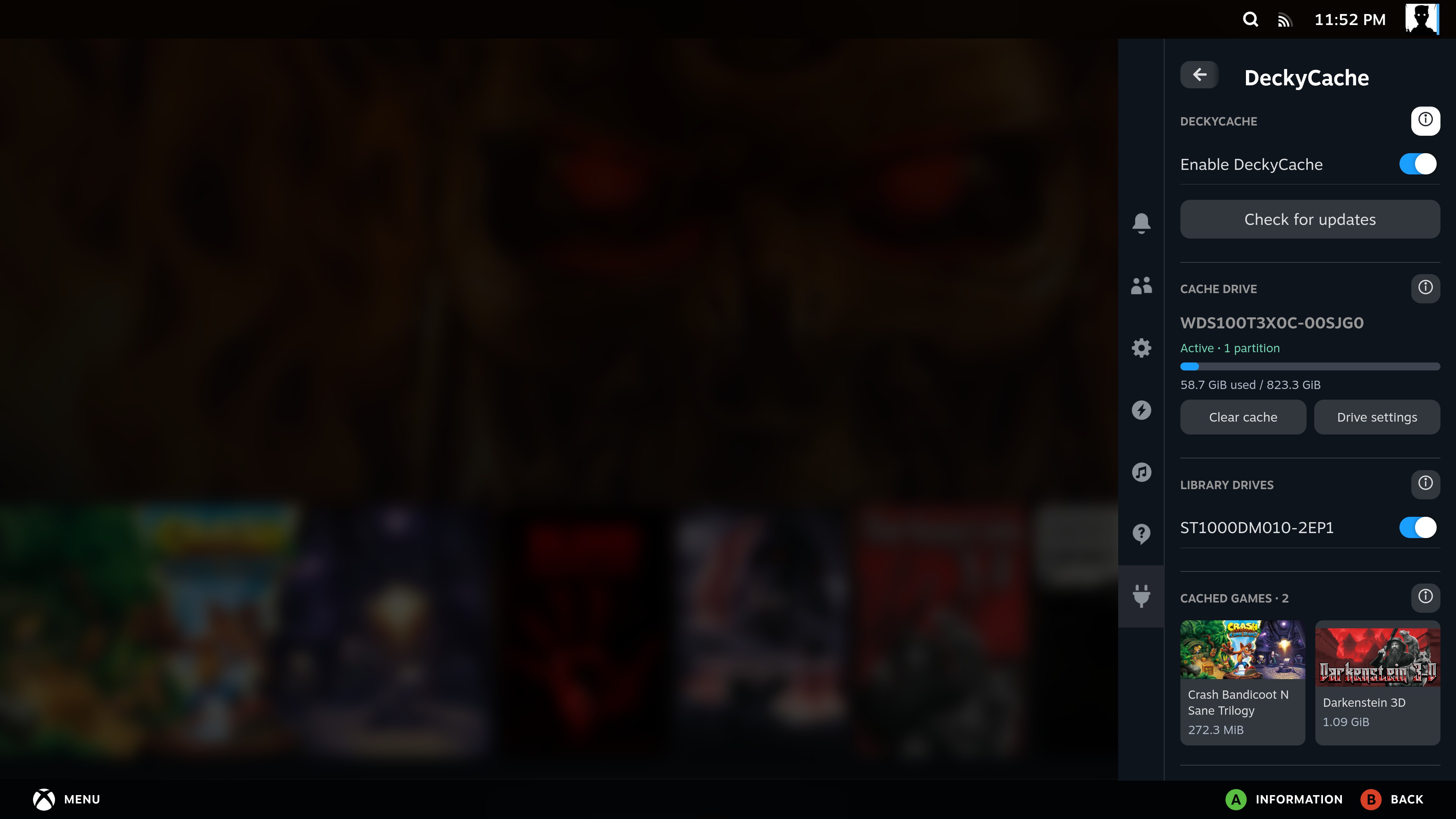 Master switch, update button, cache usage and cached game tiles