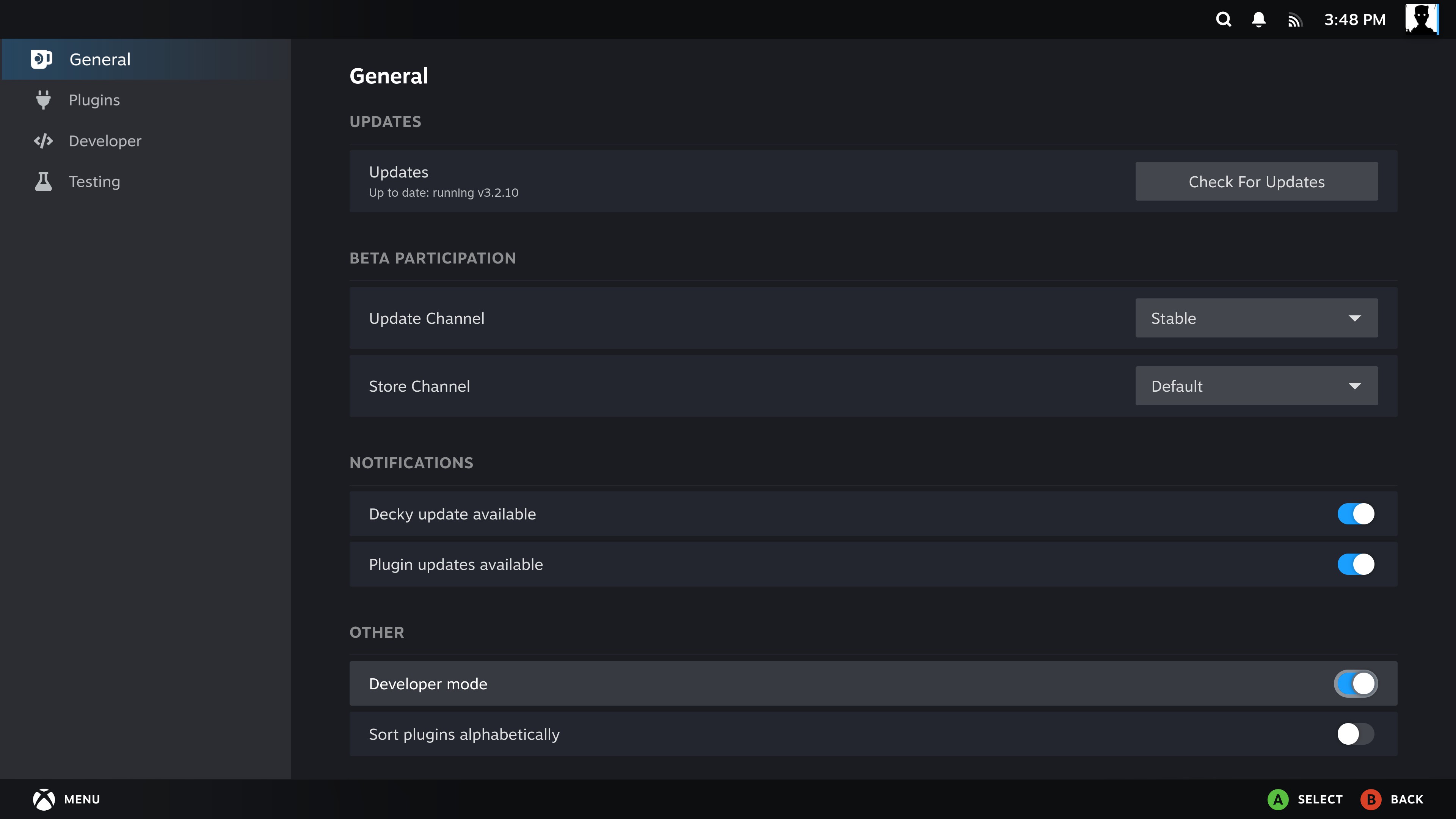 Enable Developer mode in Decky Loader settings