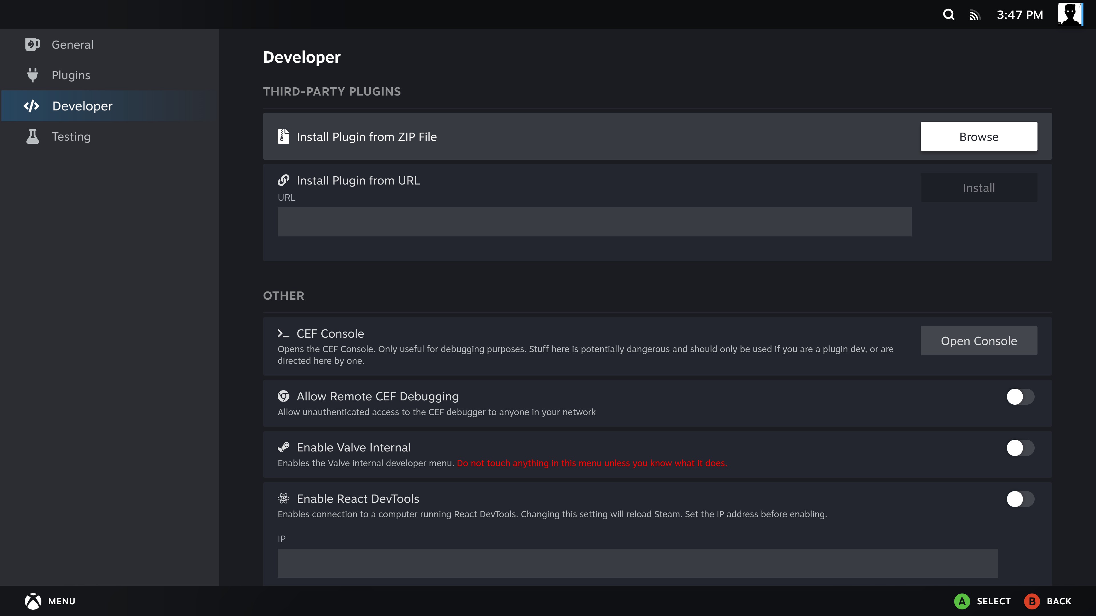 Decky Developer settings with ZIP and URL installation