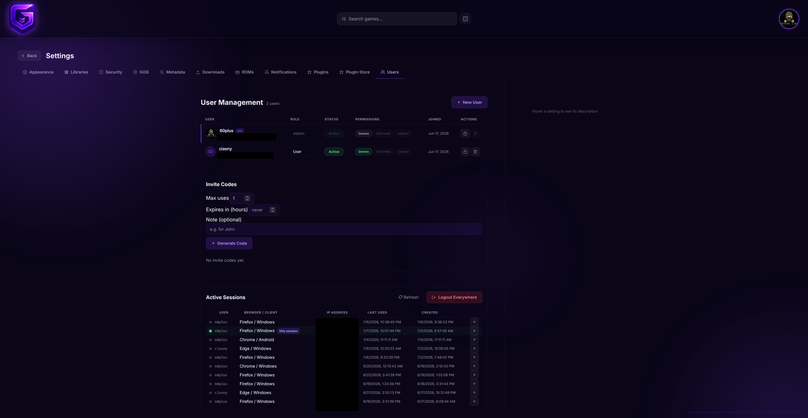 Settings → Users: user management, invite codes, and active sessions