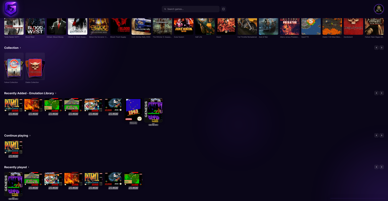 The home page with the Continue playing and Recently played rails