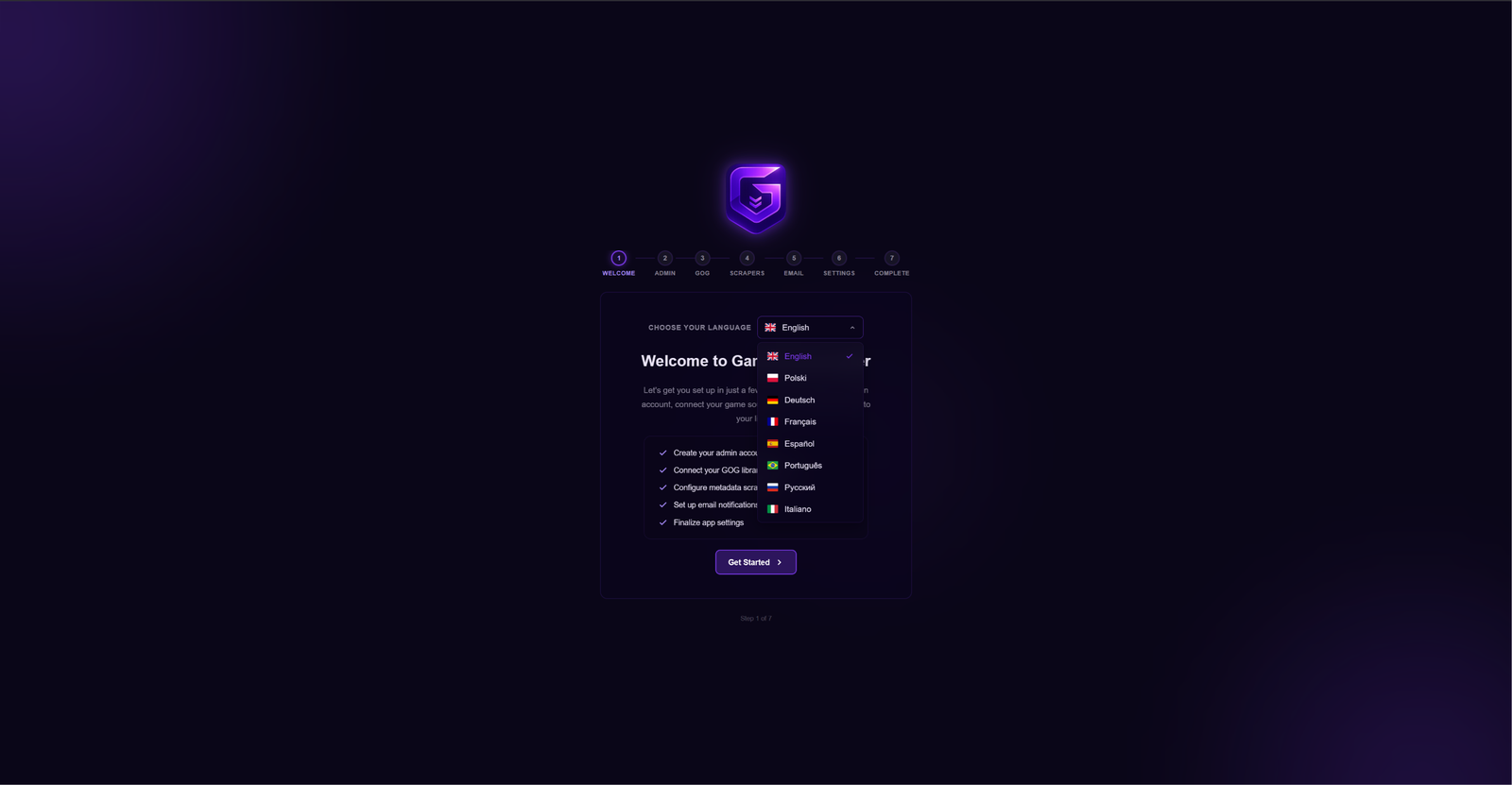 The language picker on the welcome step