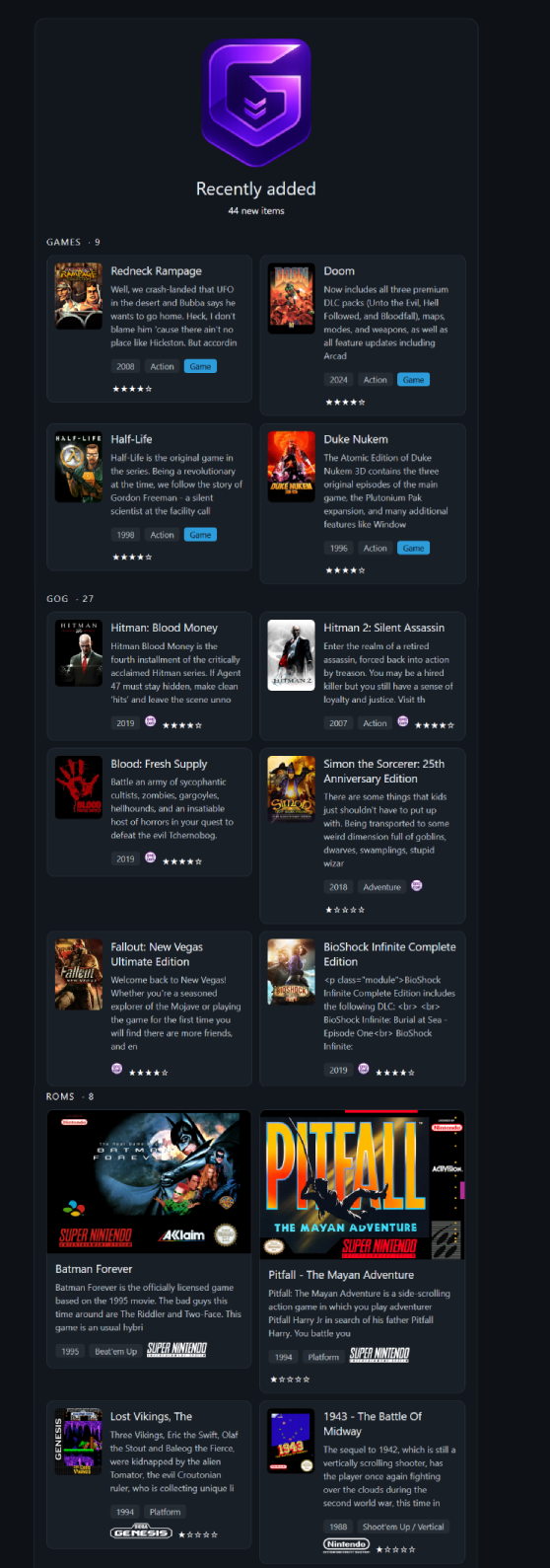 The branded recently-added digest - logo header, Games/GOG/ROMs sections, two cards per row