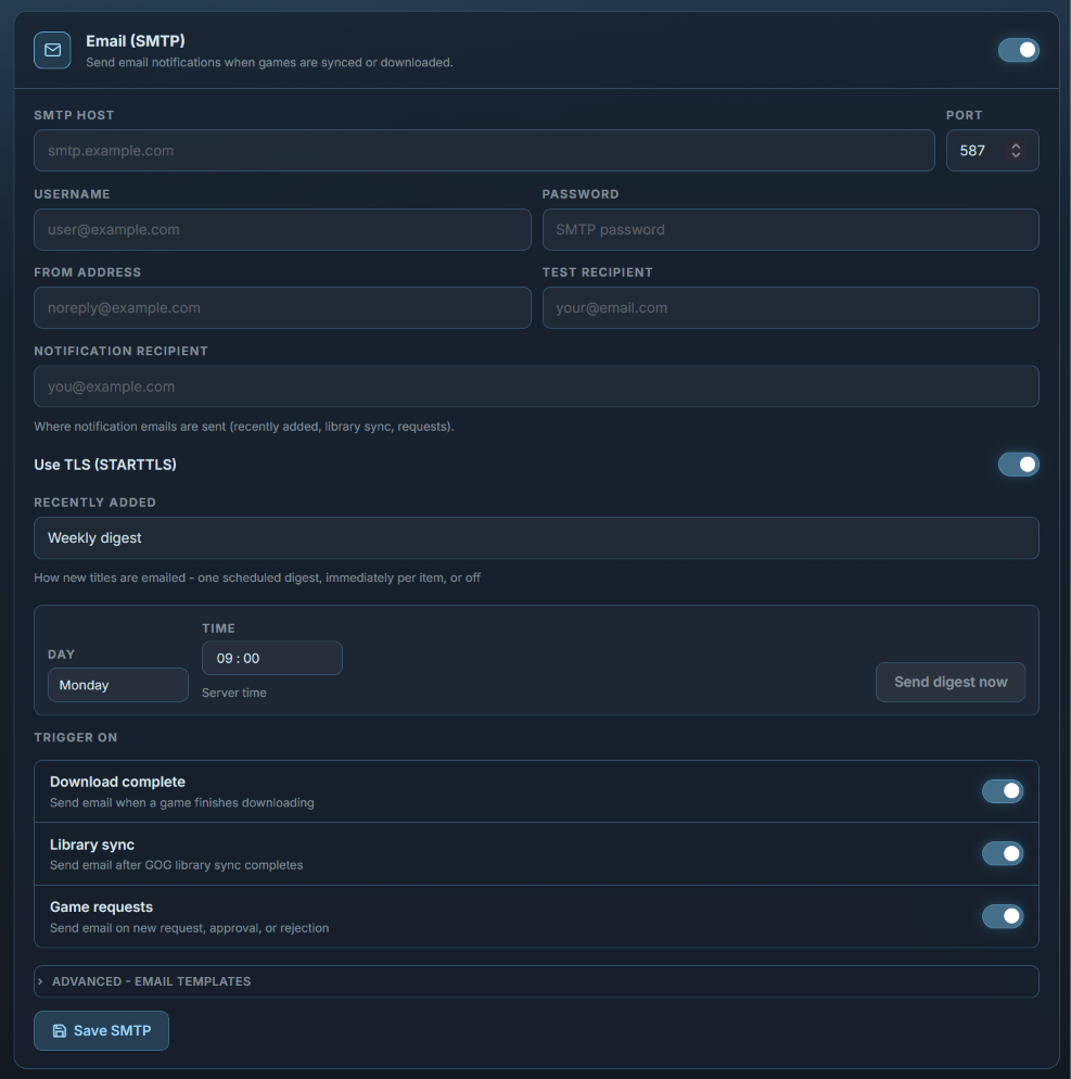 Settings → Notifications: the Recently added mode, digest schedule, and Notification recipient