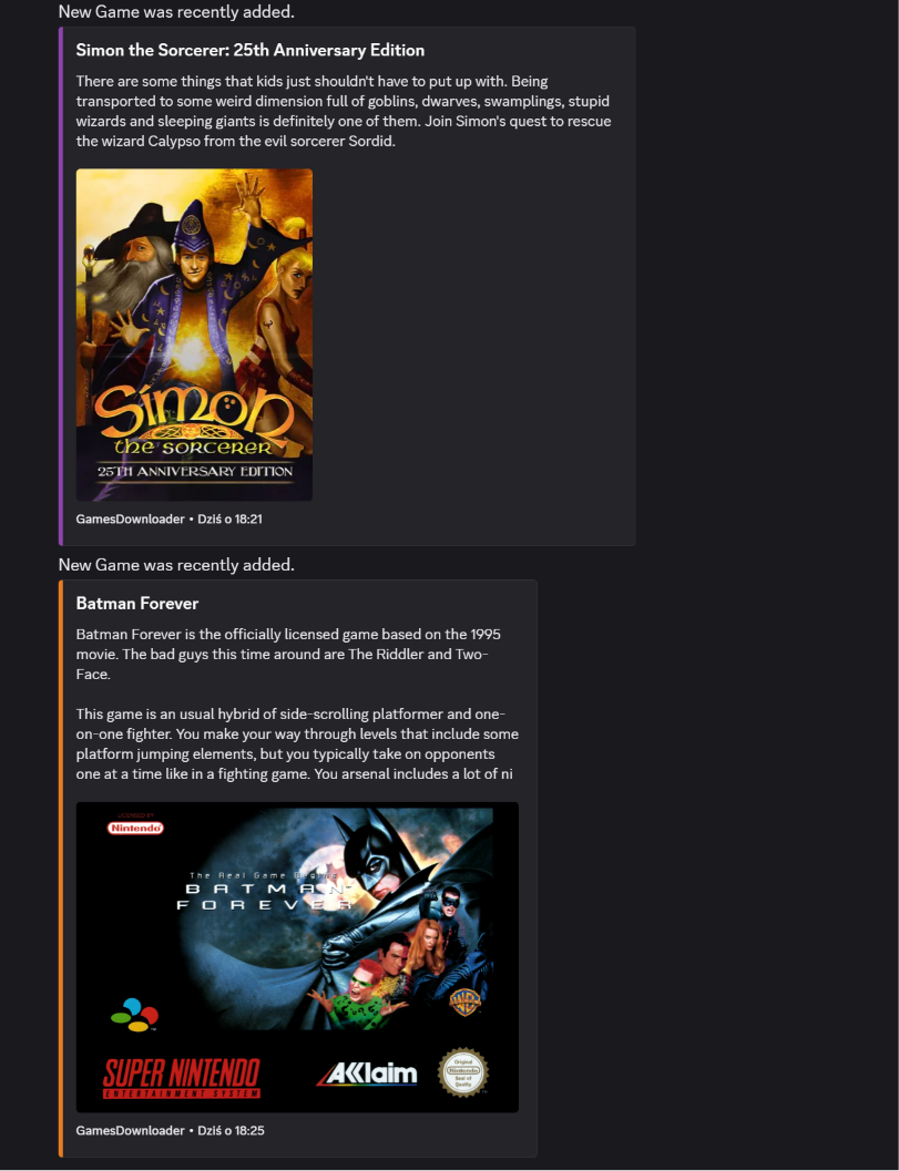 Recently added cards in Discord - a GOG game and a SNES ROM, each with cover art