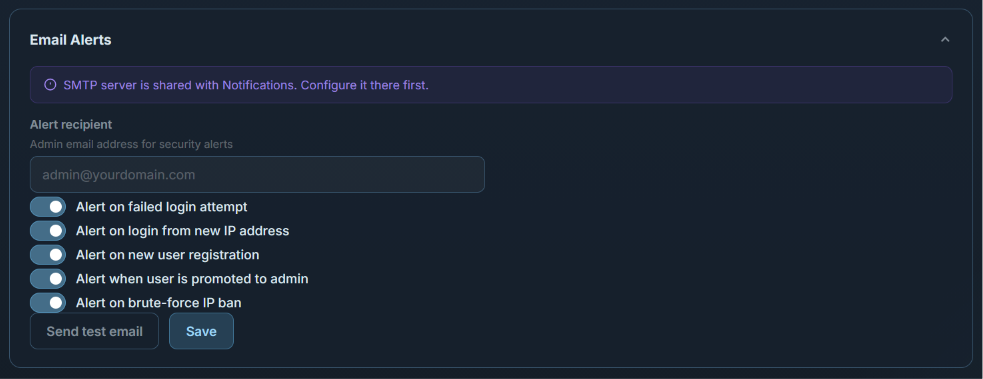 Settings → Security: email alert toggles, reusing the Notifications SMTP server