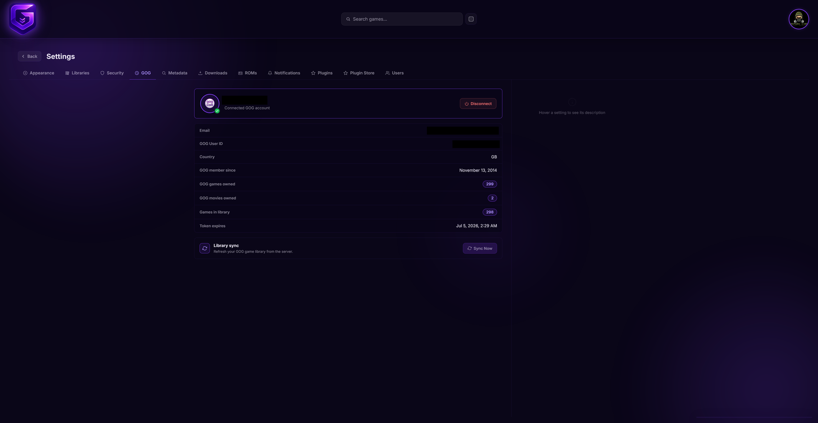 Connecting a GOG account under Settings → GOG