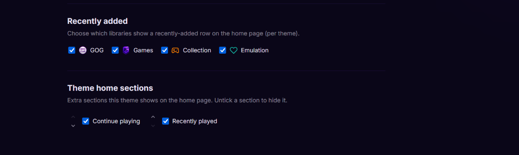Home sections in Settings, under a theme that uses the built-in controls