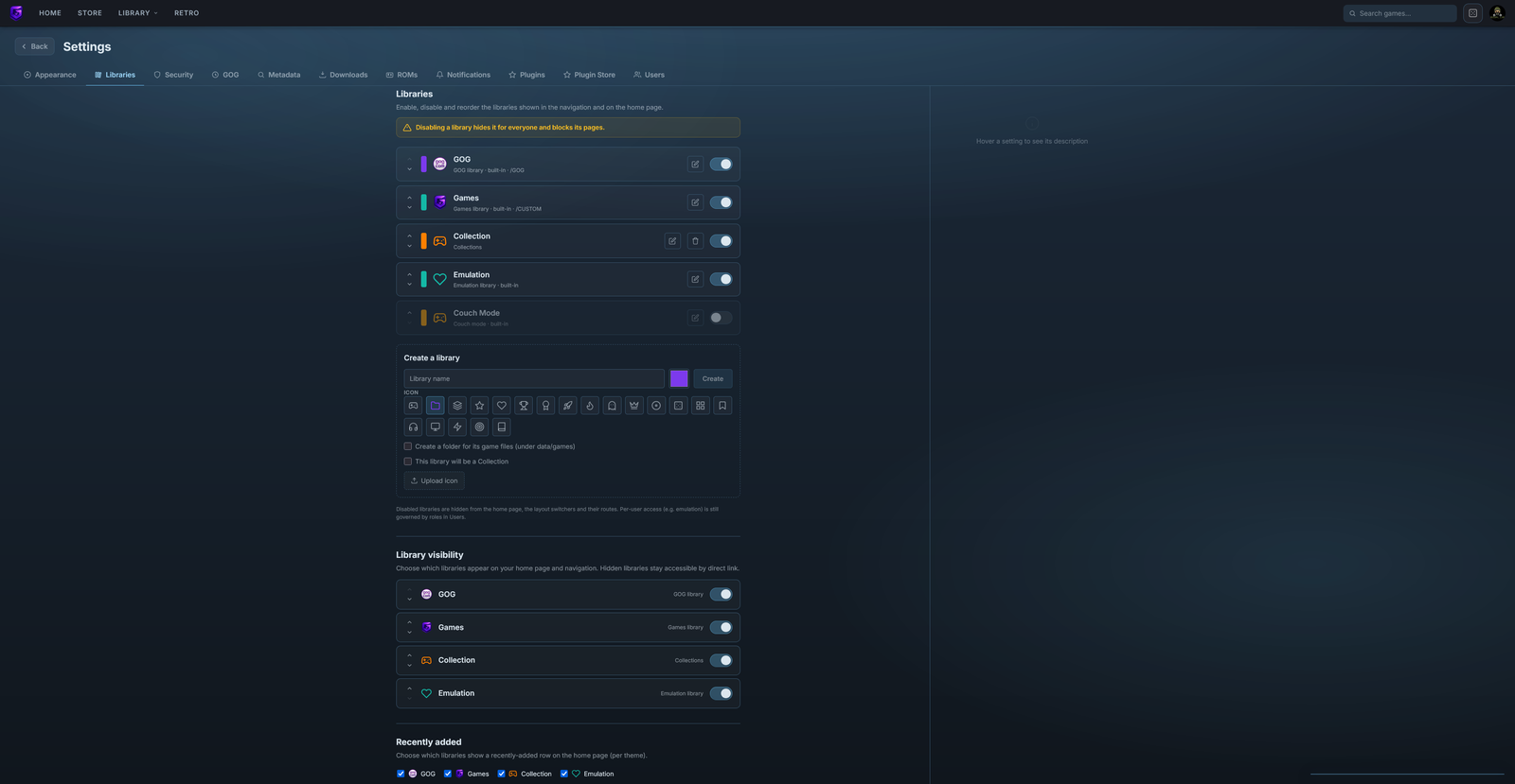 Settings > Libraries under Vapor: no Home sections block, while Library visibility and Recently added stay