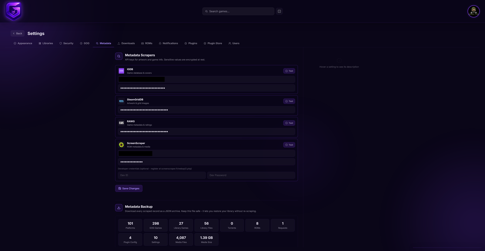 Settings → Metadata: scraper credentials, each with a Test button