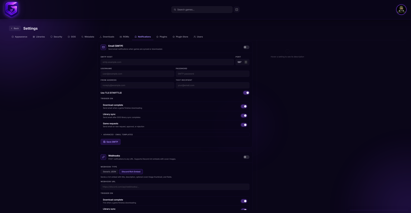 Settings → Notifications: SMTP server and webhook configuration