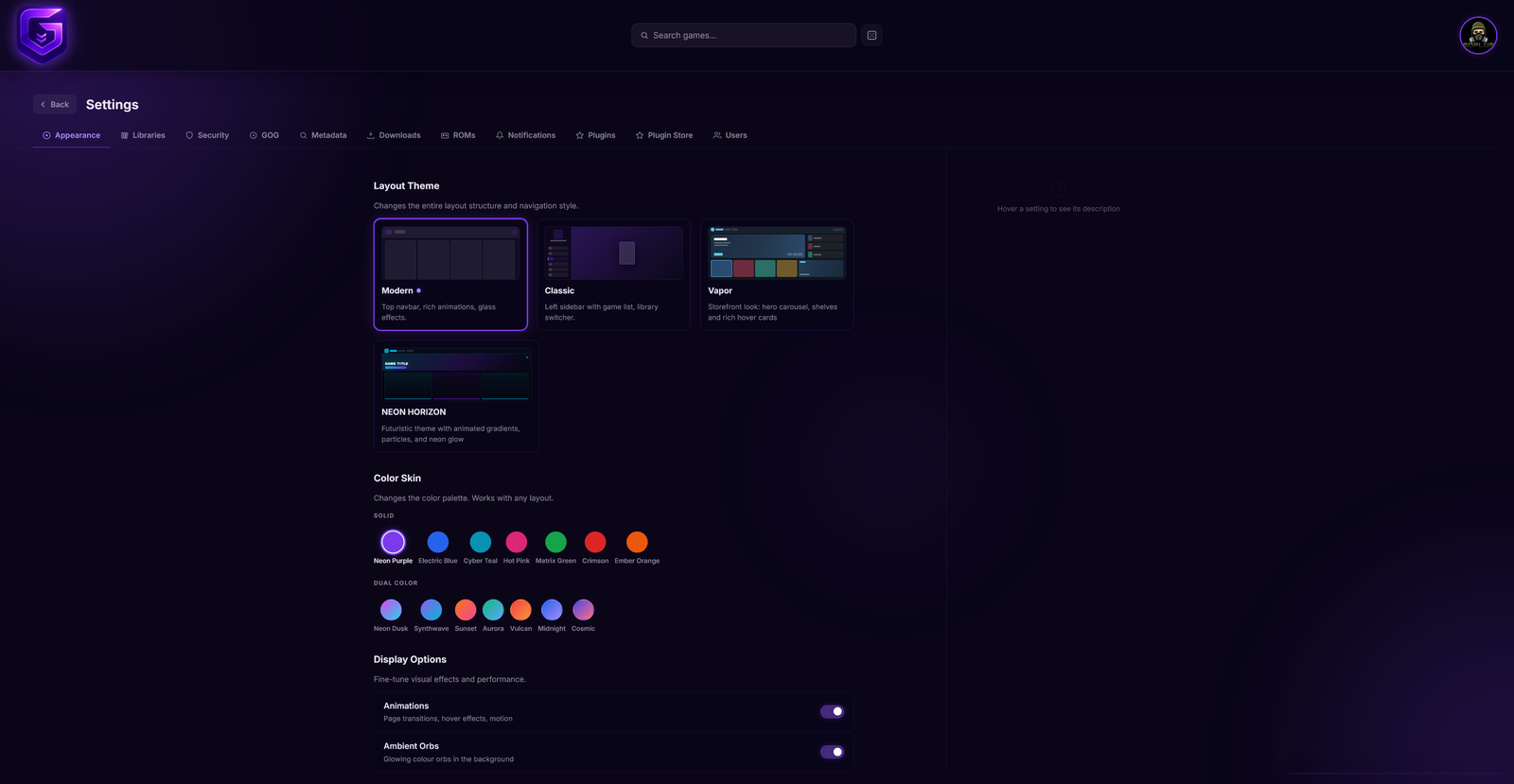 The Settings area (admin view)