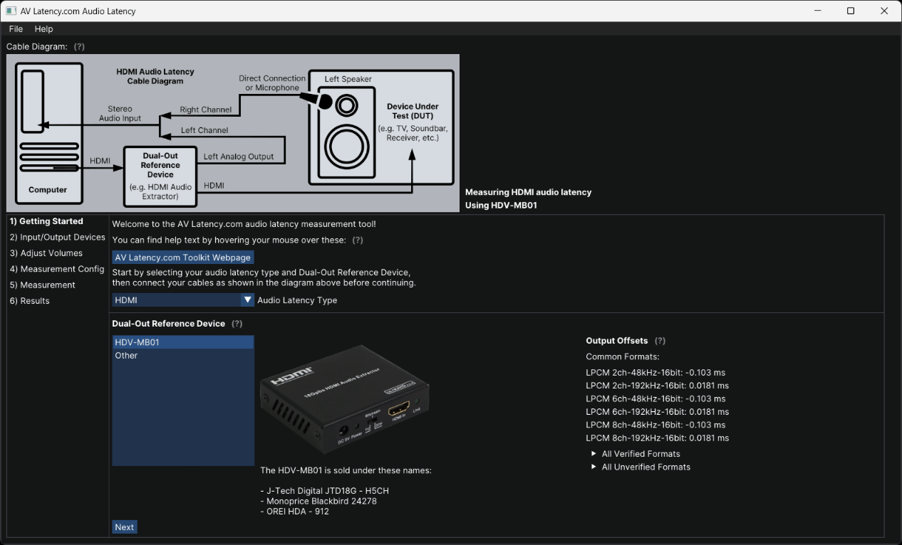Screenshot of the Audio Latency tool in HDMI Audio Latency mode