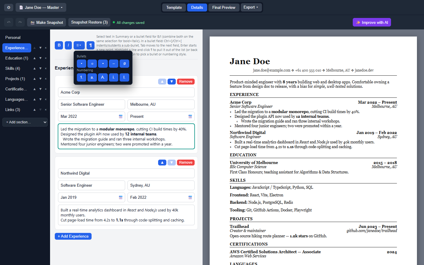 Format toolbar with the bullet & numbering picker open