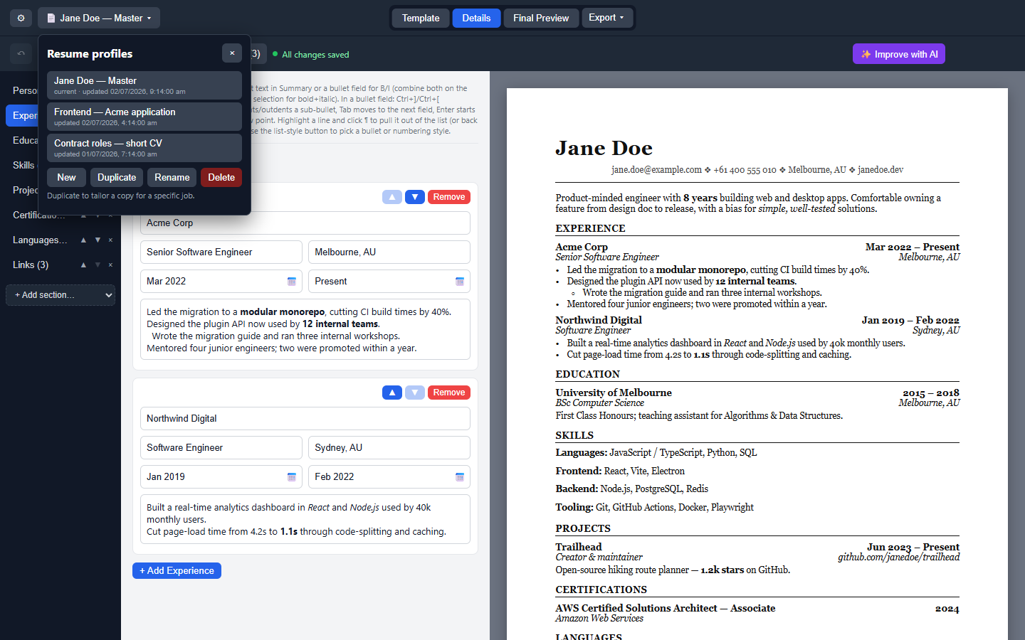 Resume profiles