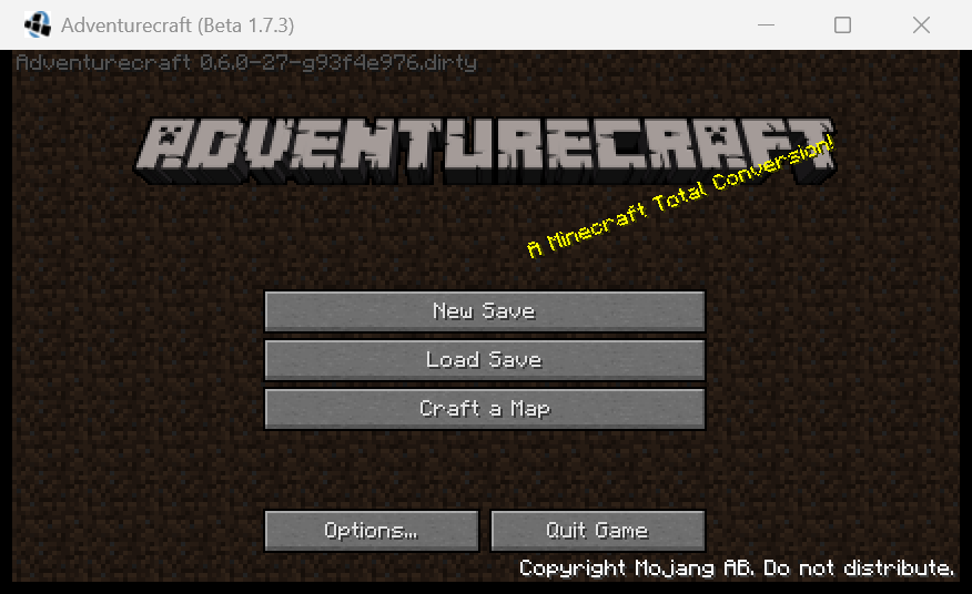 AdventureCraft Legacy title screen with New Save, Load Save, Craft a Map, Options, and Quit Game buttons