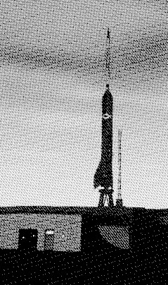 Newspaper image of Scorpion rocket on launch pad