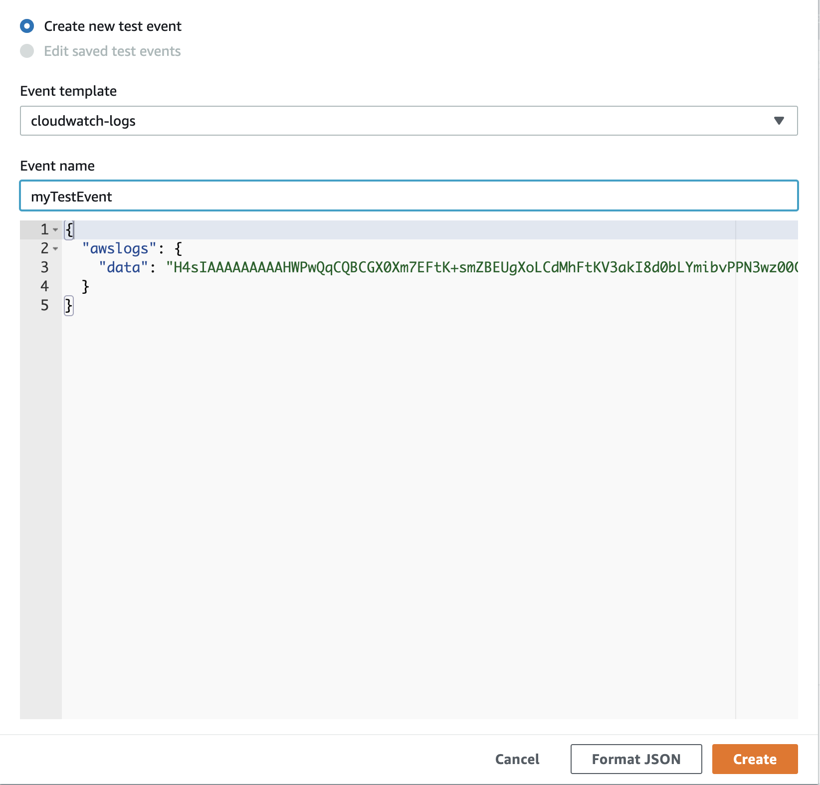 Click on Test button and select the Amazon Cloudwatch Logs template