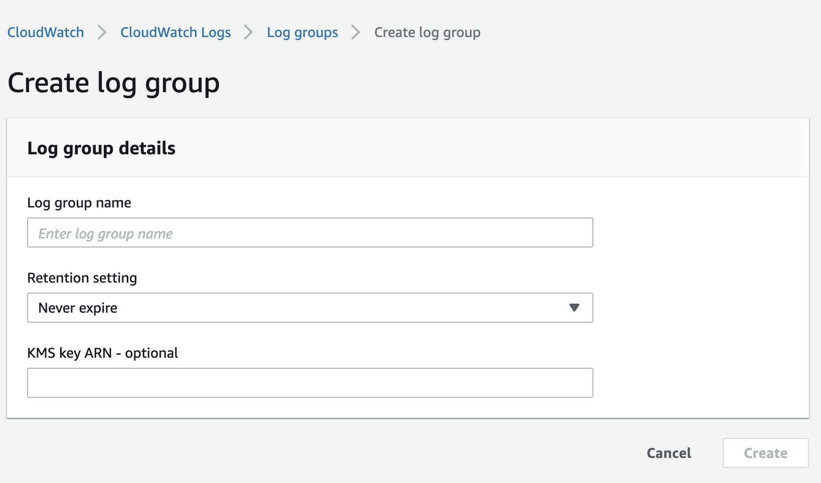 aws lambda cloudwatch step 3. create log group in CloudWatch