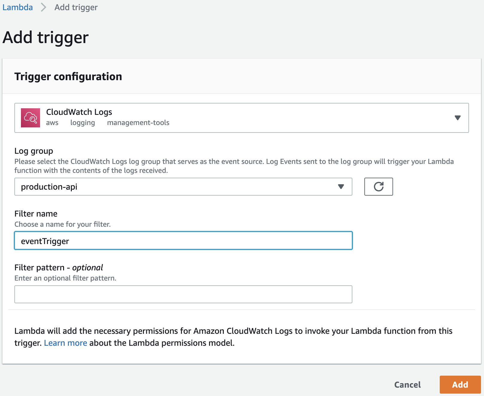 Step 5. Add trigger to listen to the CloudWatch events.  