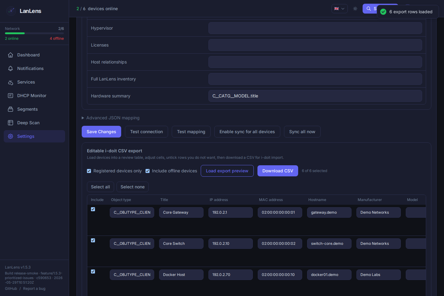 LanLens editable i-doit CSV export