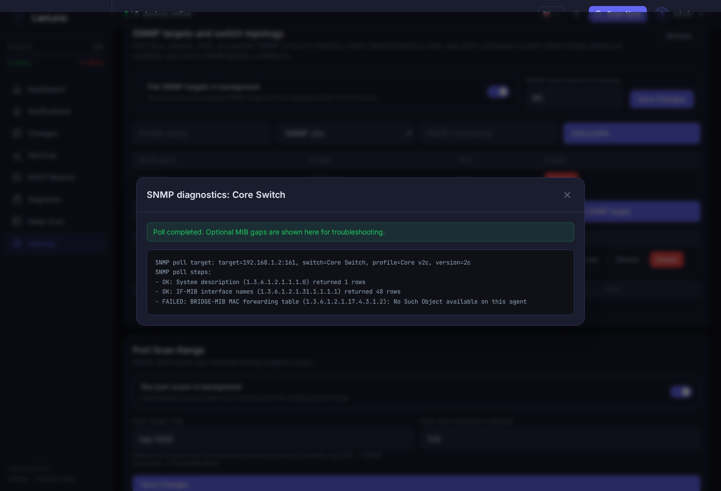 LanLens SNMP poll diagnostics without exposing credentials