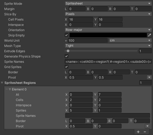 Source Image Import Settings in Unity Inspector: Sprite Mode - Spritesheet