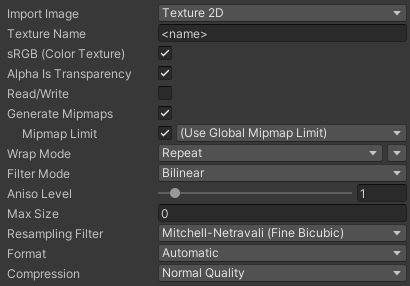 Source Image Import Settings in Unity Inspector: Import Image - Texture 2D