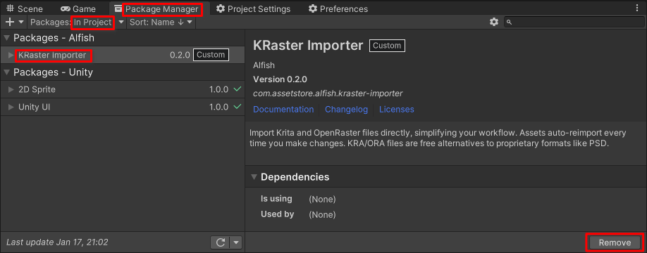 KRaster Importer can be removed from Unity's Package Manager