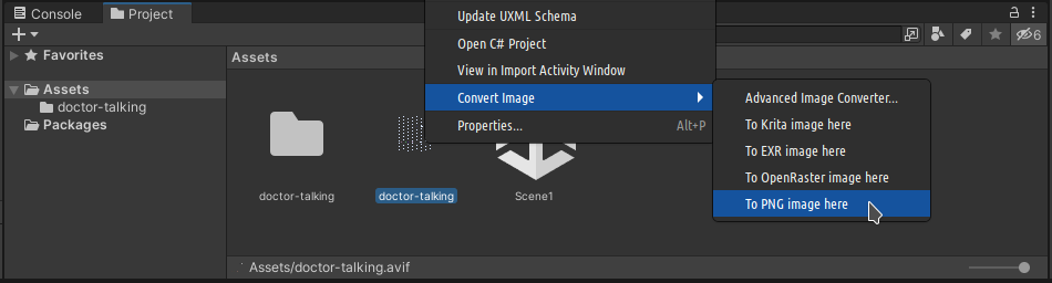 Example of quickly converting an AVIF file to PNG in Unity's Project window