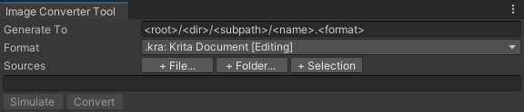 The advanced batch image converter tool window, showing buttons to add source image paths