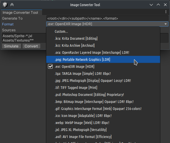 Example of batch converting images by glob patters in Unity using the advanced image converter tool