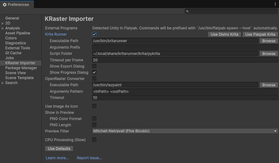 User Preferences: KRaster Importer