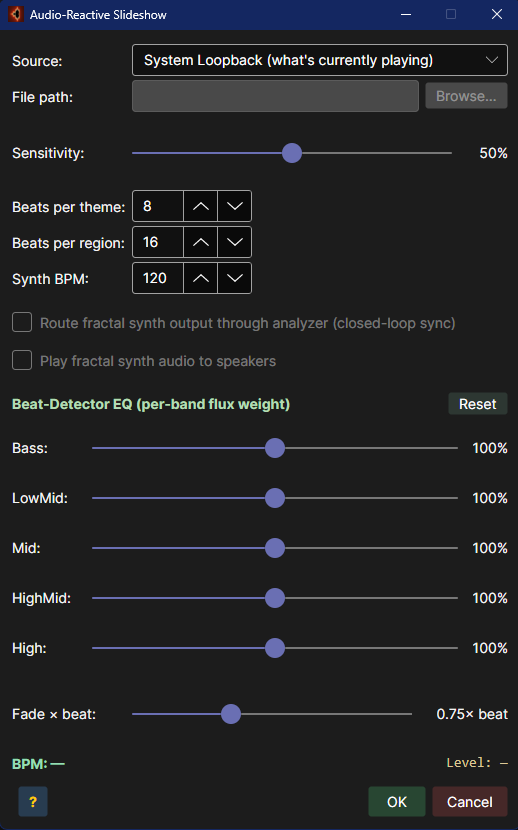 Audio Settings dialog — default device, beat counters at 0.