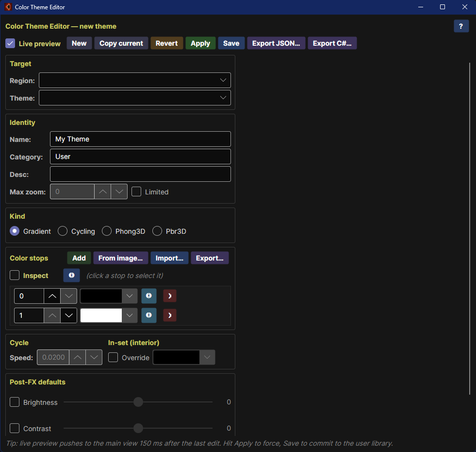 Color Theme Editor — new theme, Gradient kind selected.
