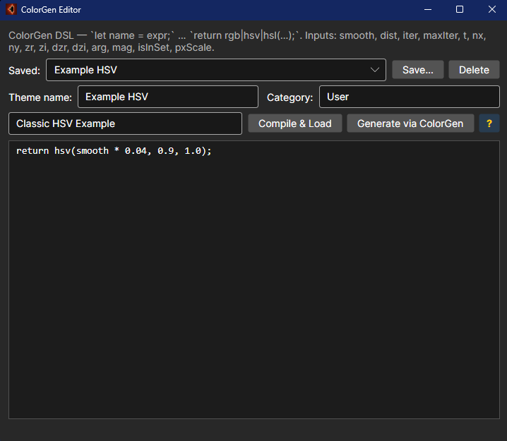 ColorGen editor — default seed DSL and live preview.