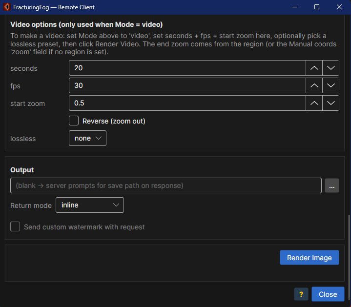 FFClient — bottom: video options through to the Close button.