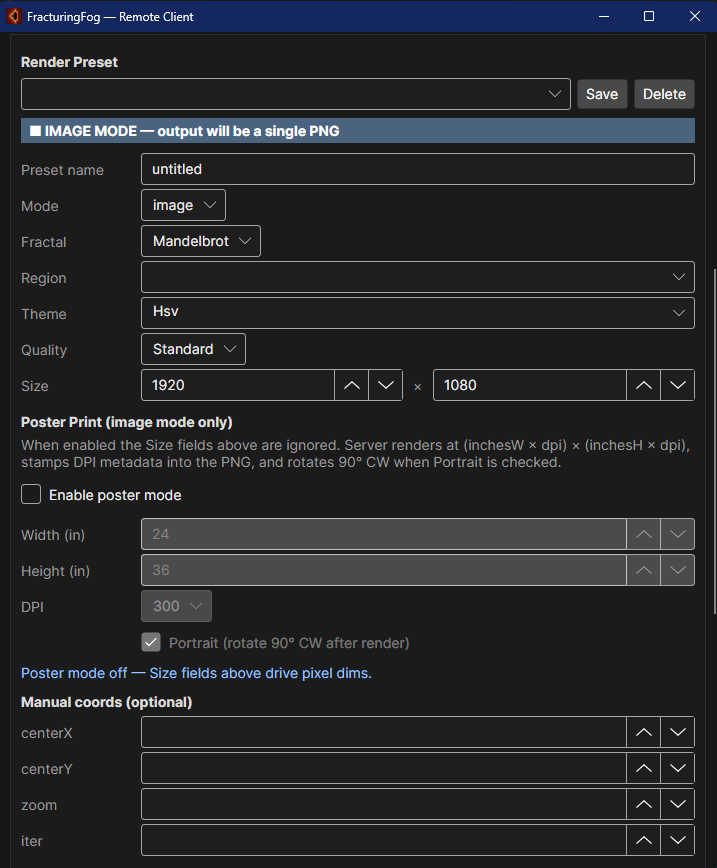 FFClient — middle: render preset chooser through to the iteration field.