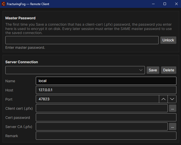 FFClient — top: master password, vault status, connection list, certificate path / password.