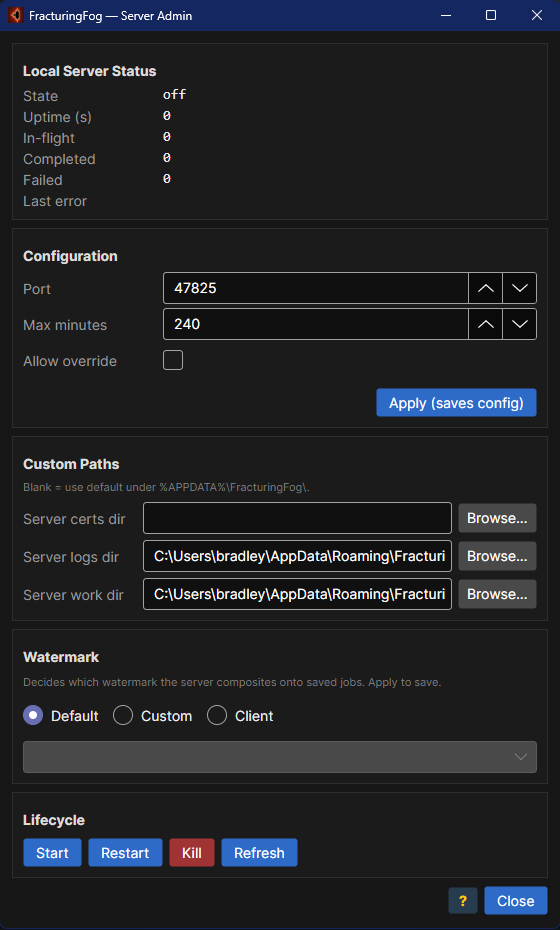 Server Admin dialog — running server, default request limits, first heartbeat received.