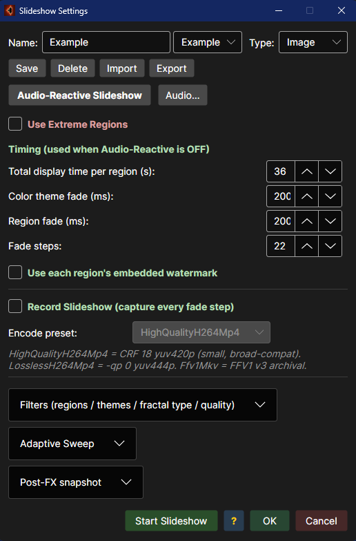 Slideshow Settings dialog — default state, dark theme.