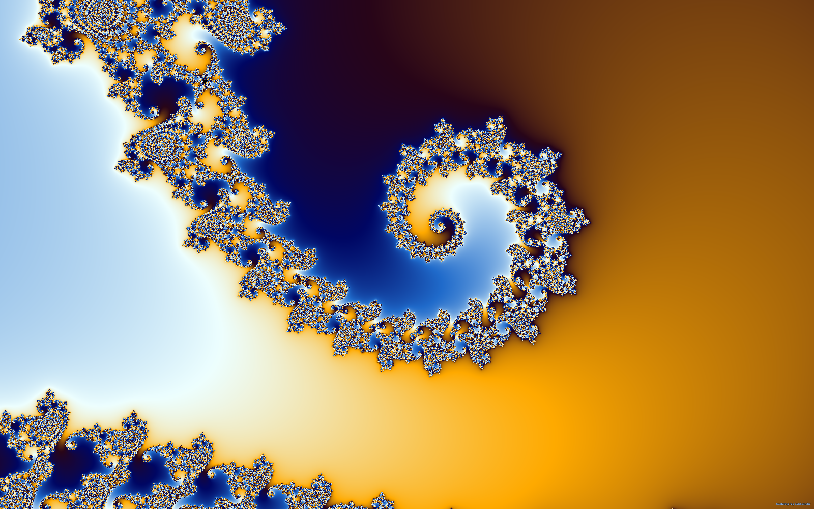 Seahorse Valley at zoom 10³ painted with the "MS Standard Sunrise" gradient — warm amber filaments on cool blue voids.