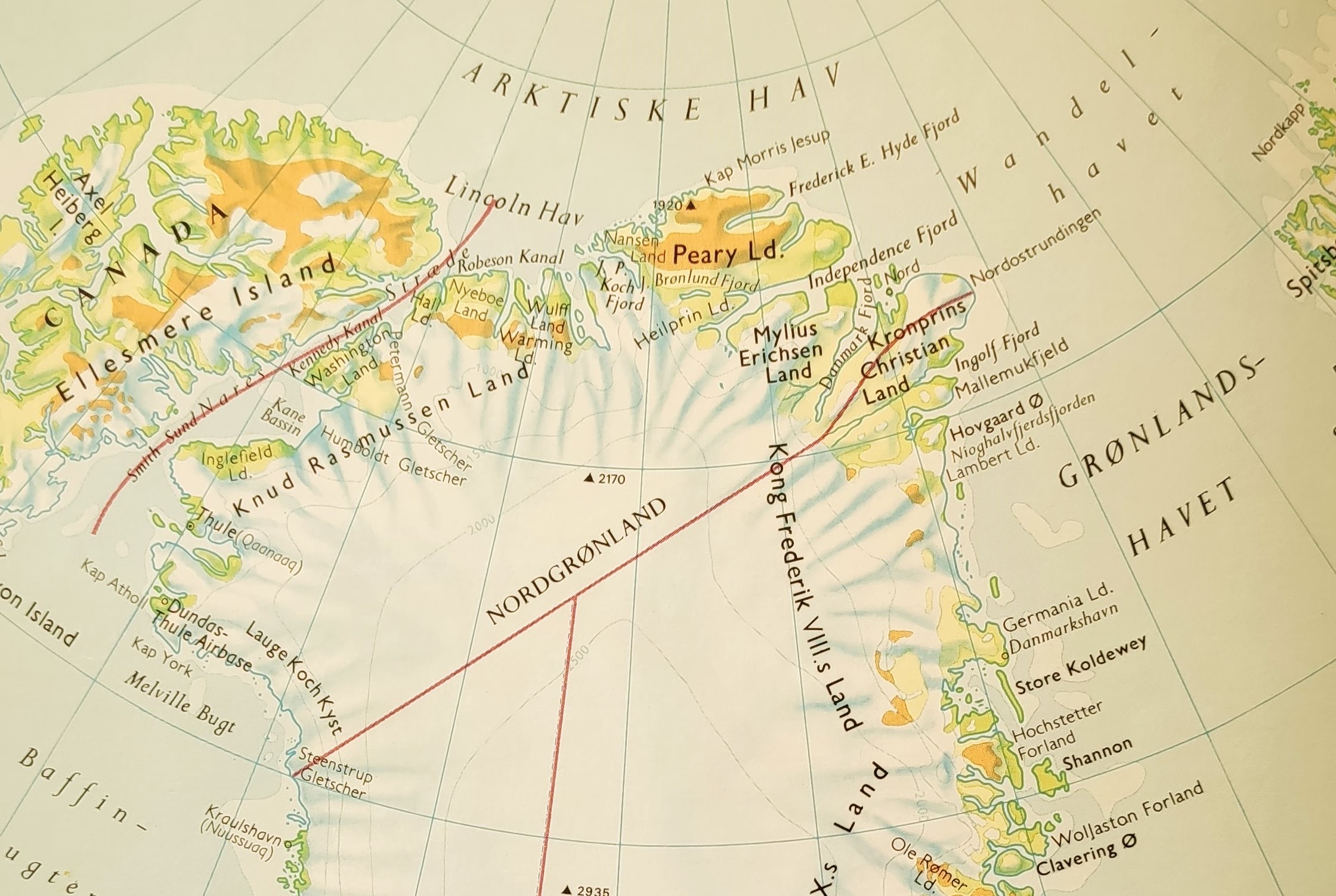Figure 2: Map of Greenland from 1988, showing Knud Rasmussen land, Melville bay and Danmark Fjord.