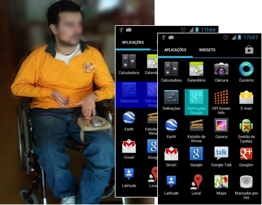 A multi-impaired user with a mouse. It also shows two individual screens of a Android home screen with a grid scanning technique highlighted.
